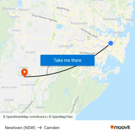Newtown (NSW) to Camden map