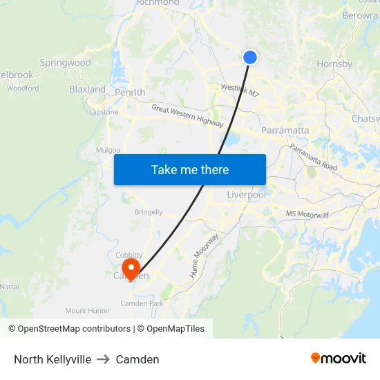 North Kellyville to Camden map