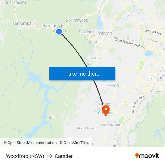 Woodford (NSW) to Camden map