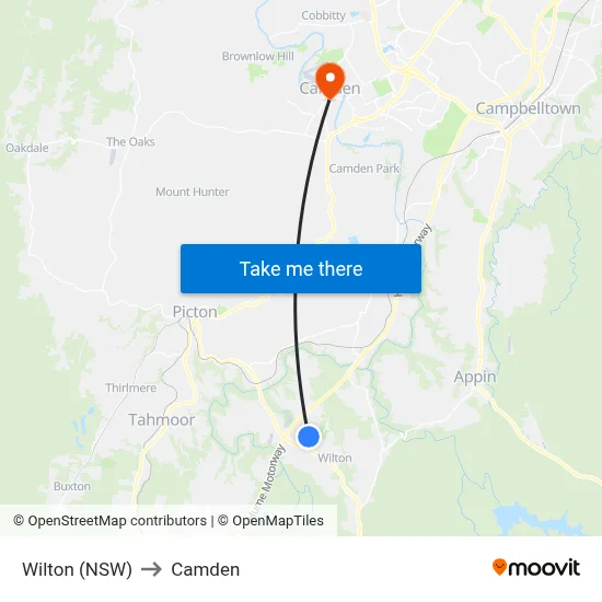 Wilton (NSW) to Camden map