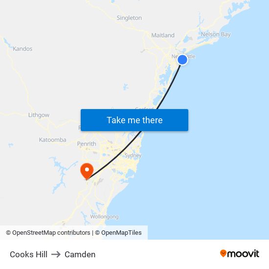 Cooks Hill to Camden map