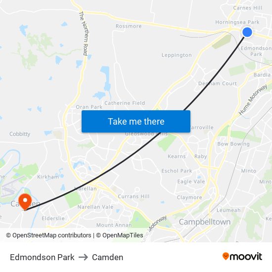 Edmondson Park to Camden map