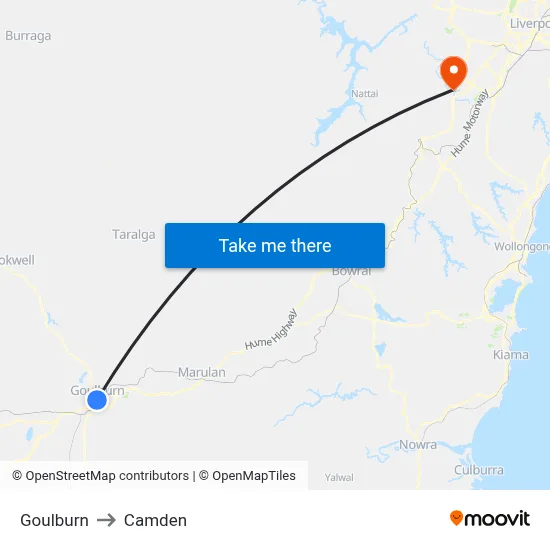 Goulburn to Camden map