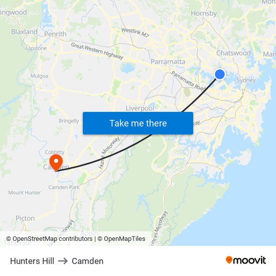 Hunters Hill to Camden map