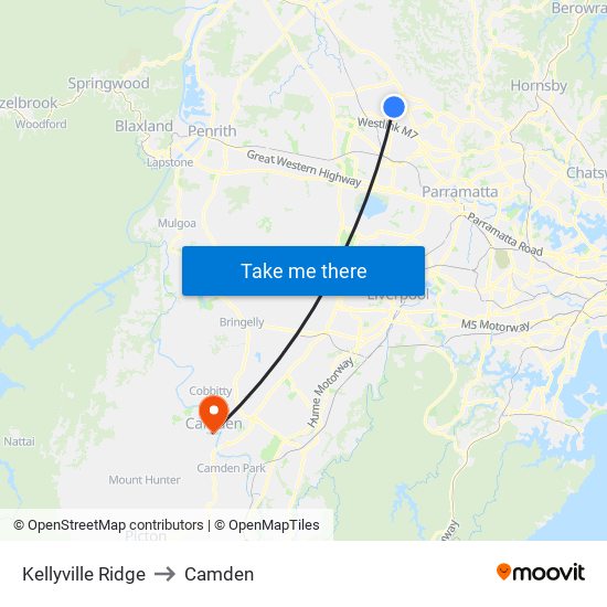 Kellyville Ridge to Camden map