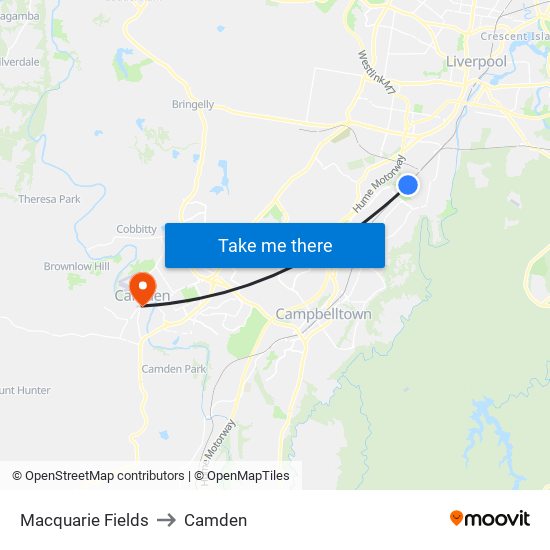 Macquarie Fields to Camden map