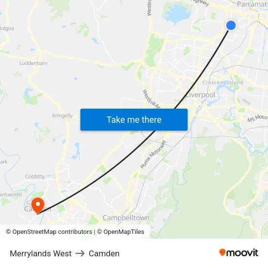 Merrylands West to Camden map