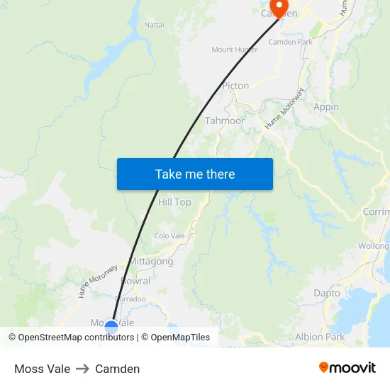 Moss Vale to Camden map