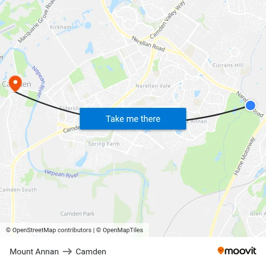 Mount Annan to Camden map
