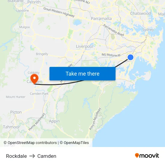 Rockdale to Camden map