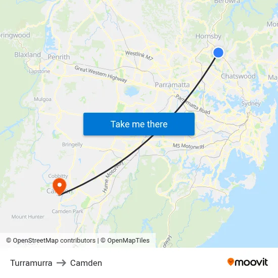 Turramurra to Camden map