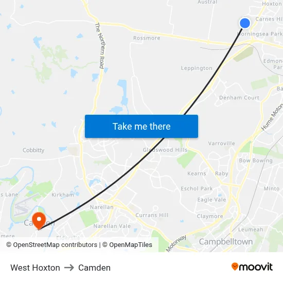 West Hoxton to Camden map