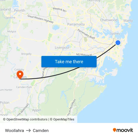 Woollahra to Camden map