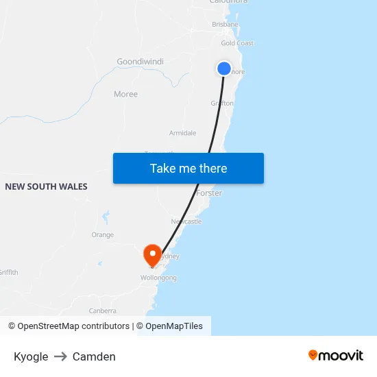 Kyogle to Camden map