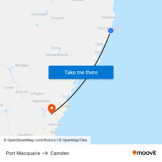 Port Macquarie to Camden map