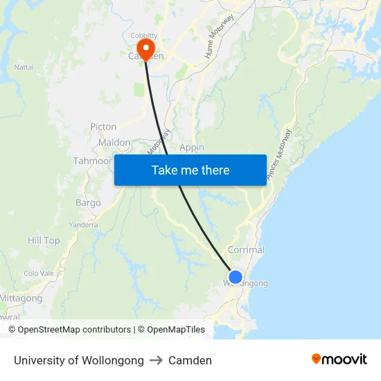 University of Wollongong to Camden map