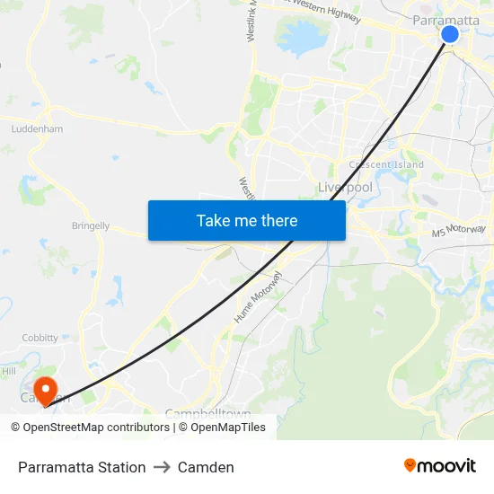 Parramatta Station to Camden map