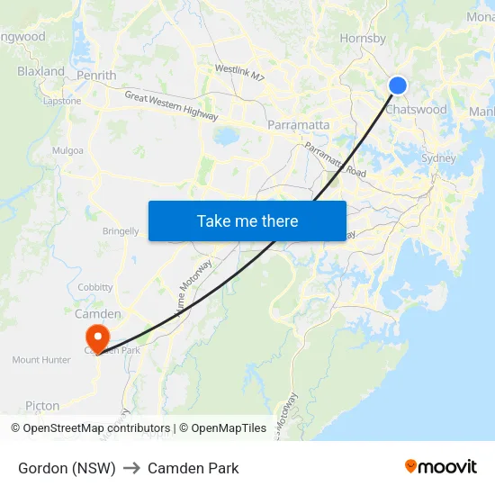 Gordon (NSW) to Camden Park map