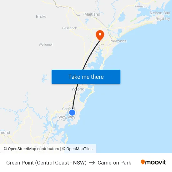 Green Point (Central Coast - NSW) to Cameron Park map