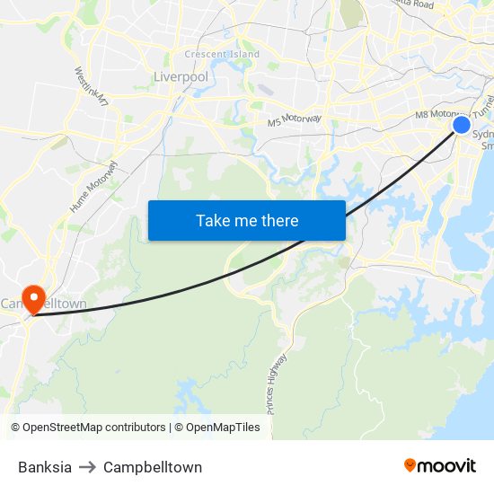 Banksia to Campbelltown map