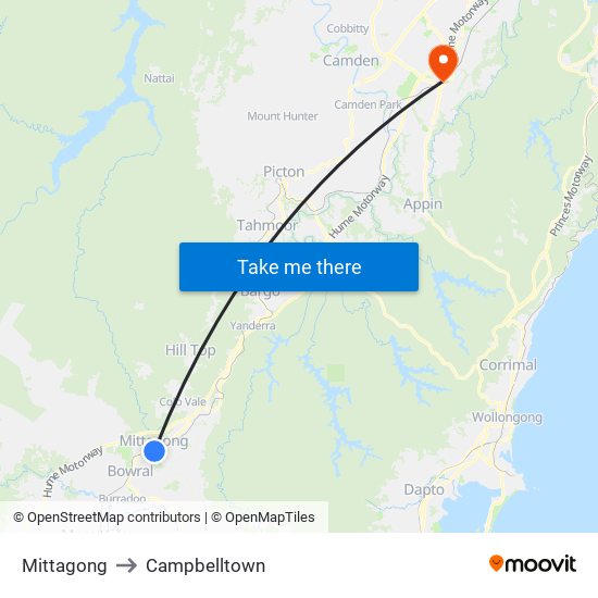 Mittagong to Campbelltown map