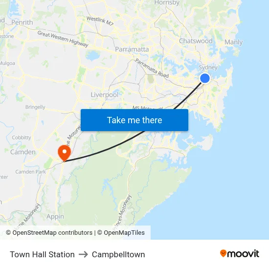 Town Hall Station to Campbelltown map