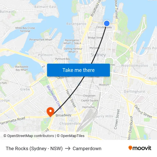 The Rocks (Sydney - NSW) to Camperdown map