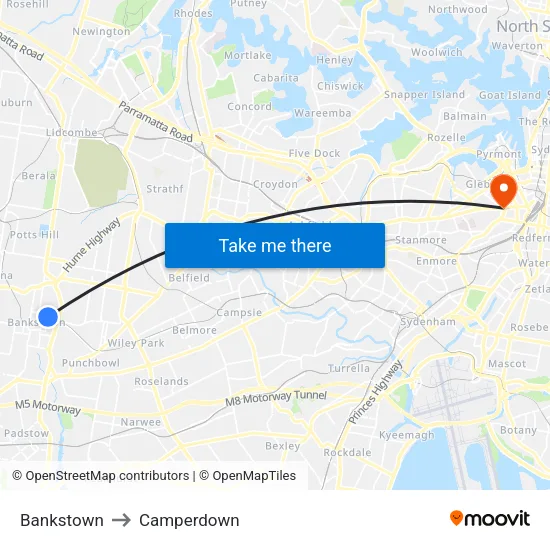 Bankstown to Camperdown map