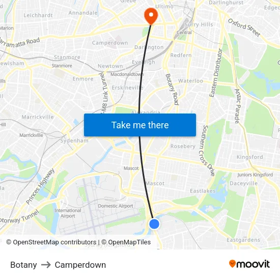 Botany to Camperdown map