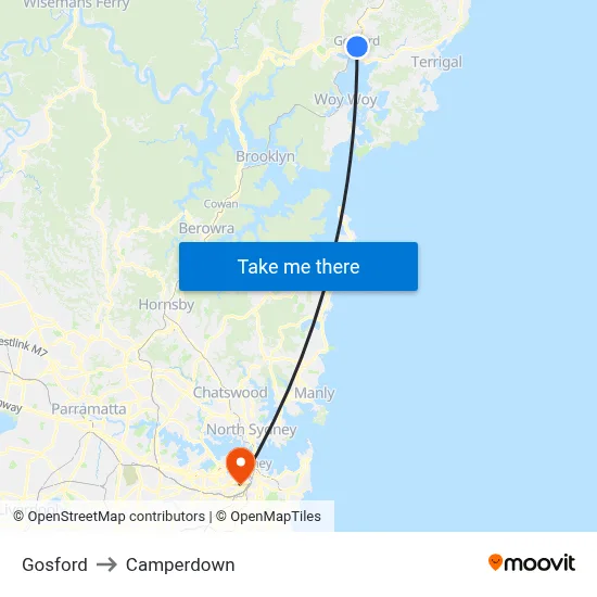 Gosford to Camperdown map