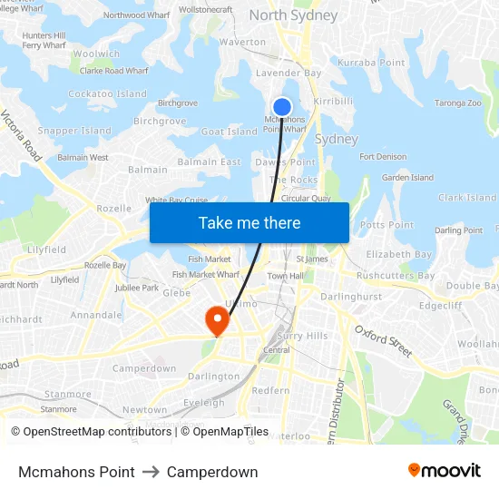 Mcmahons Point to Camperdown map