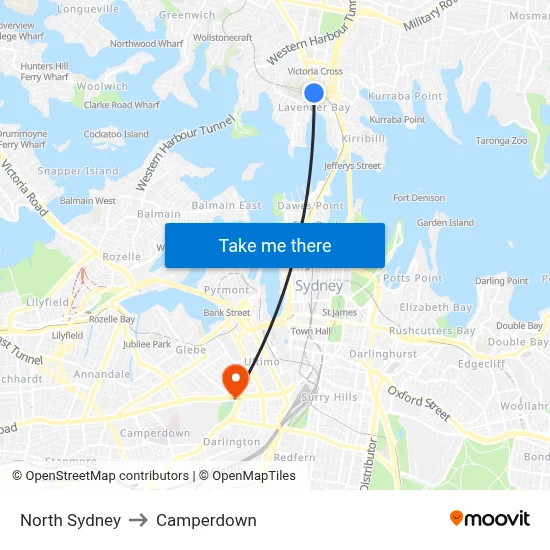 North Sydney to Camperdown map