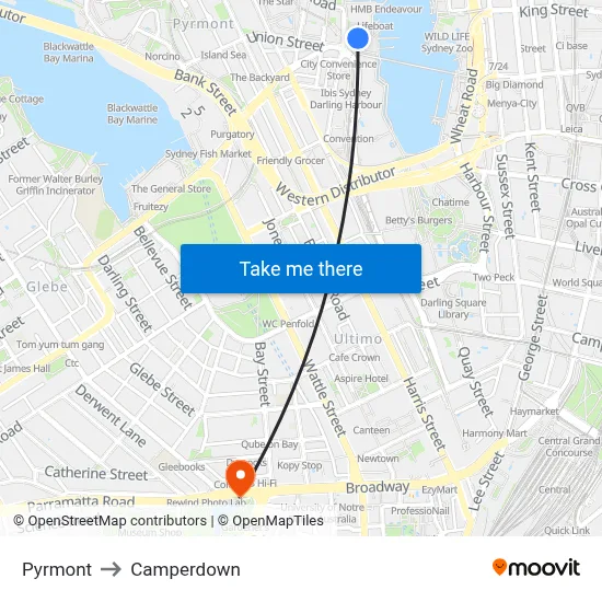 Pyrmont to Camperdown map