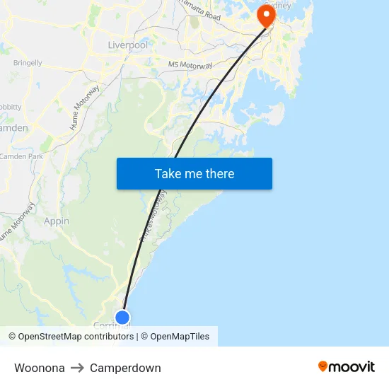 Woonona to Camperdown map