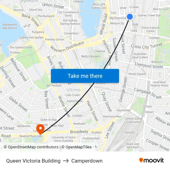 Queen Victoria Building to Camperdown map