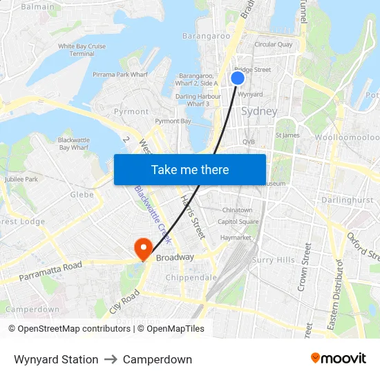Wynyard Station to Camperdown map
