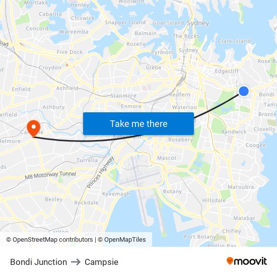 Bondi Junction to Campsie map