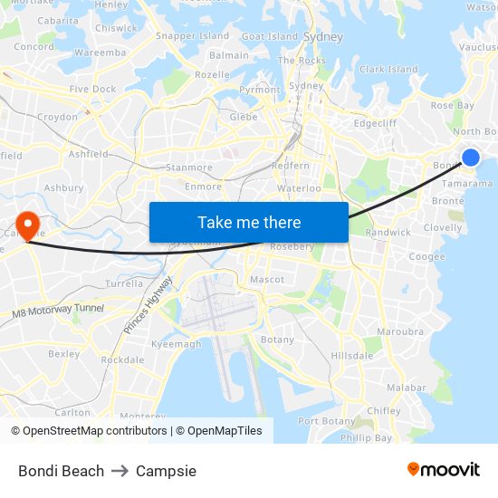 Bondi Beach to Campsie map