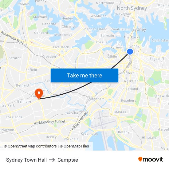 Sydney Town Hall to Campsie map