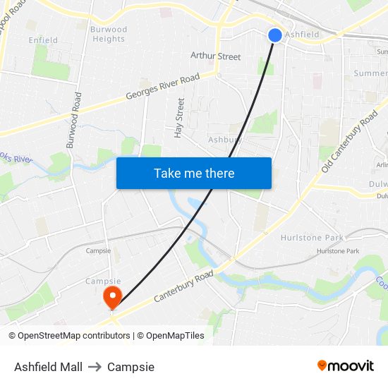 Ashfield Mall to Campsie map
