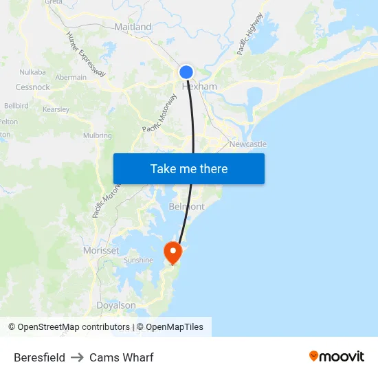 Beresfield to Cams Wharf map