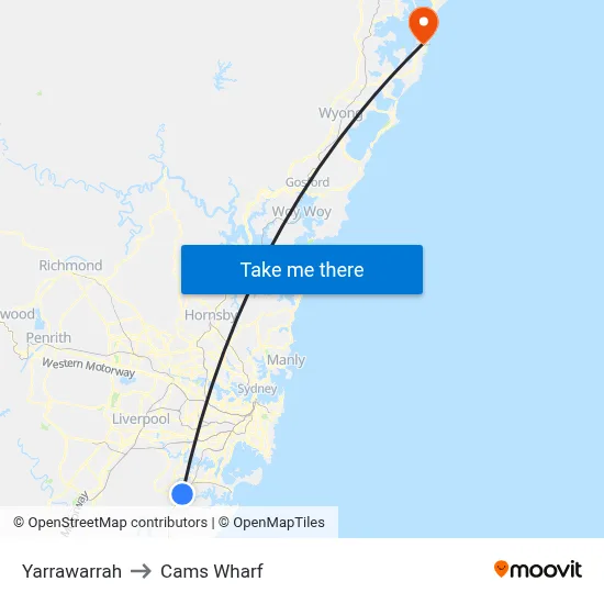 Yarrawarrah to Cams Wharf map