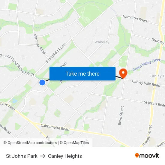 St Johns Park to Canley Heights map