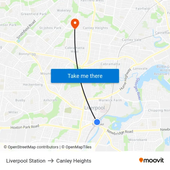 Liverpool Station to Canley Heights map