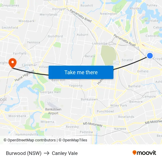 Burwood (NSW) to Canley Vale map