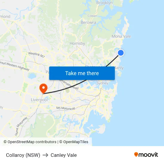Collaroy (NSW) to Canley Vale map