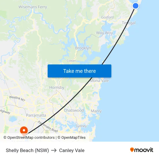 Shelly Beach (NSW) to Canley Vale map
