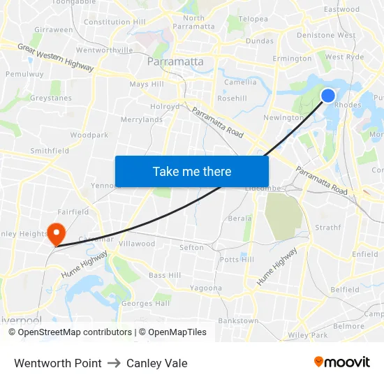 Wentworth Point to Canley Vale map
