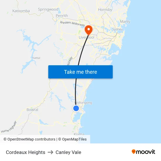 Cordeaux Heights to Canley Vale map