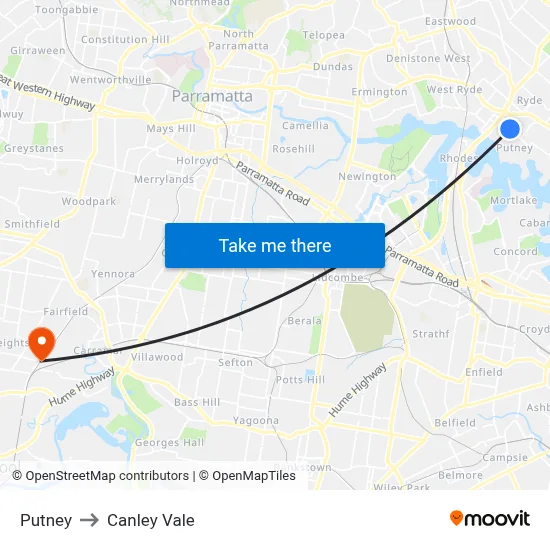 Putney to Canley Vale map